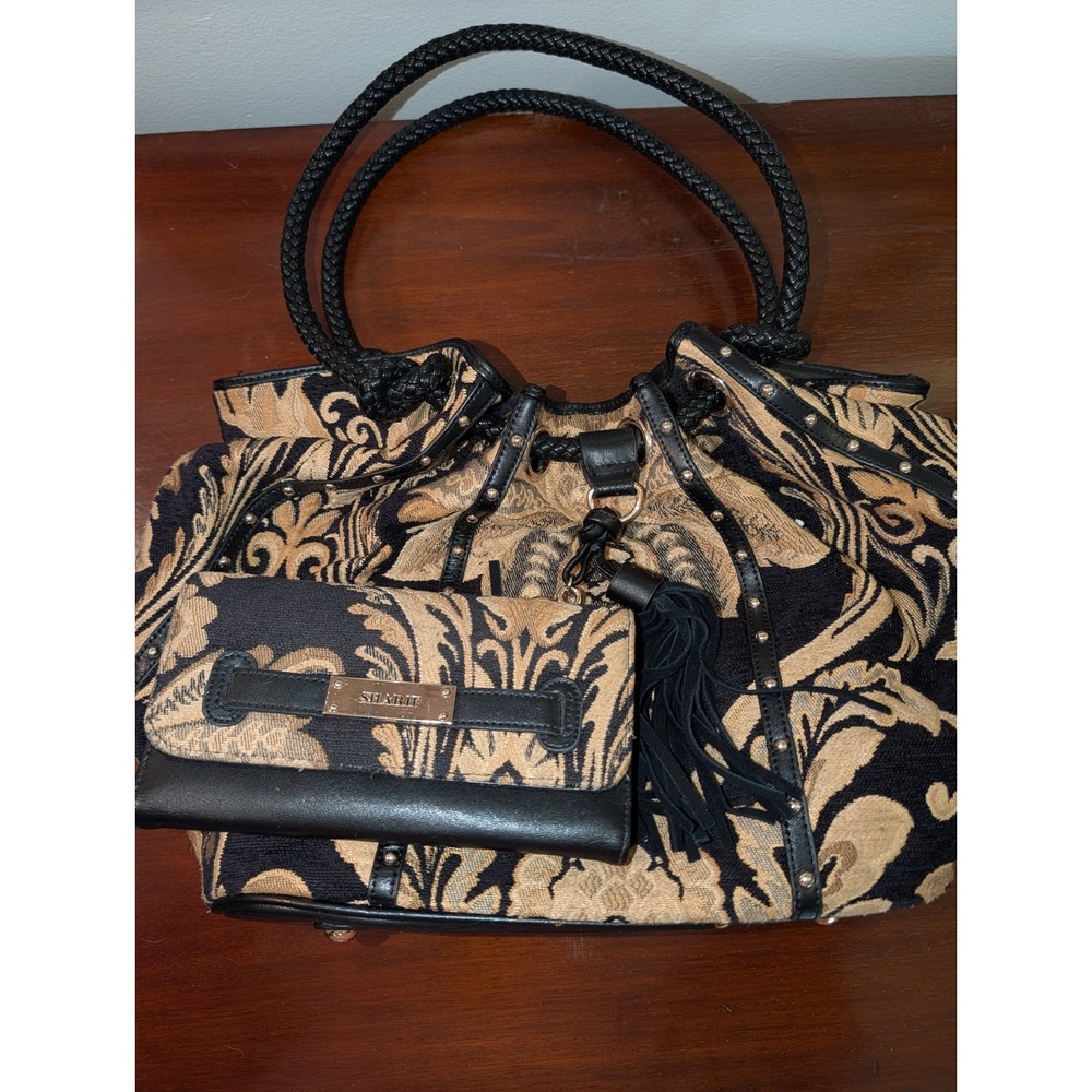 Sharif Black Gold Damask Tapestry Drawstring Shoulder Bag with Matching Wallet